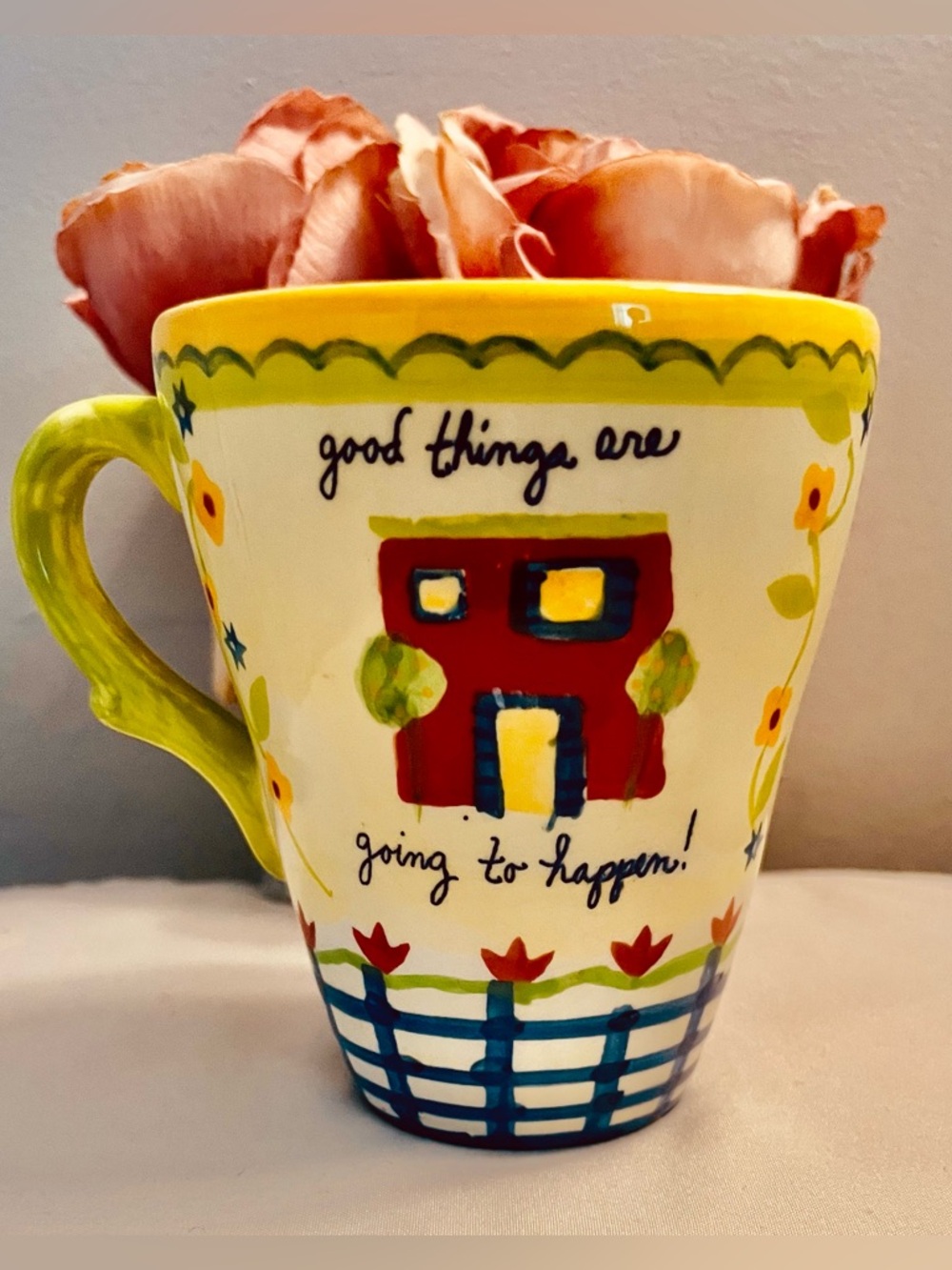 Kimberly Hodges Vintage Colorful “ENJOY” Hand-Painted Ceramic Lidded Mug. - Picture 2 of 7